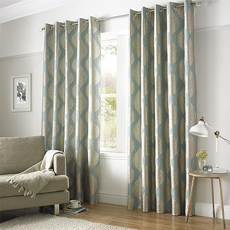 Homescapes Duck Egg Blue And Champagne Gold Textured Leaf Curtain