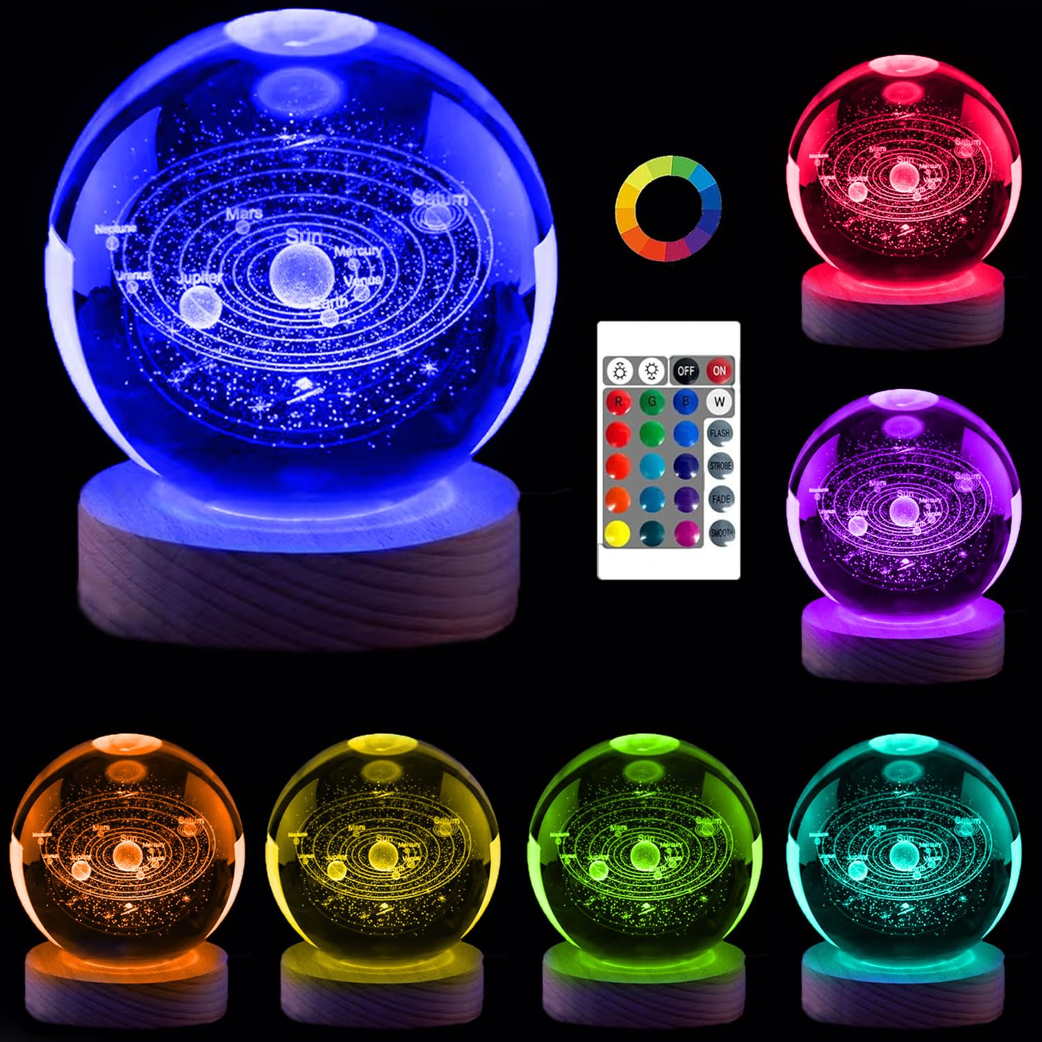 3D Galaxy Light,16 Color Solar System Crystal Ball Night Light,3.15 Inch Galaxy Glass Ball Lamps with Remote Control LED Wooden Base,Unique Astronomy Universe Gifts for Boys Girls(Solar System)