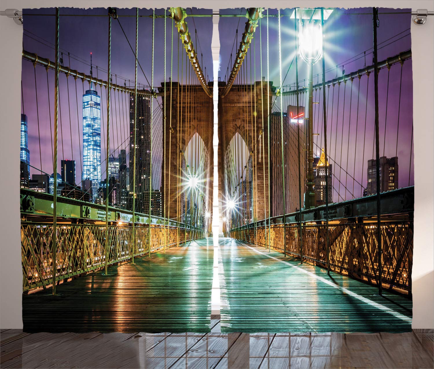ABAKUHAUS Landscape Curtains, Brooklyn Bridge Pedestrian Walkway Before Sunrise American Landmark Picture, Living Room Bedroom Window Drapes 2 Panel Set, 280 x 175 cm, Purple