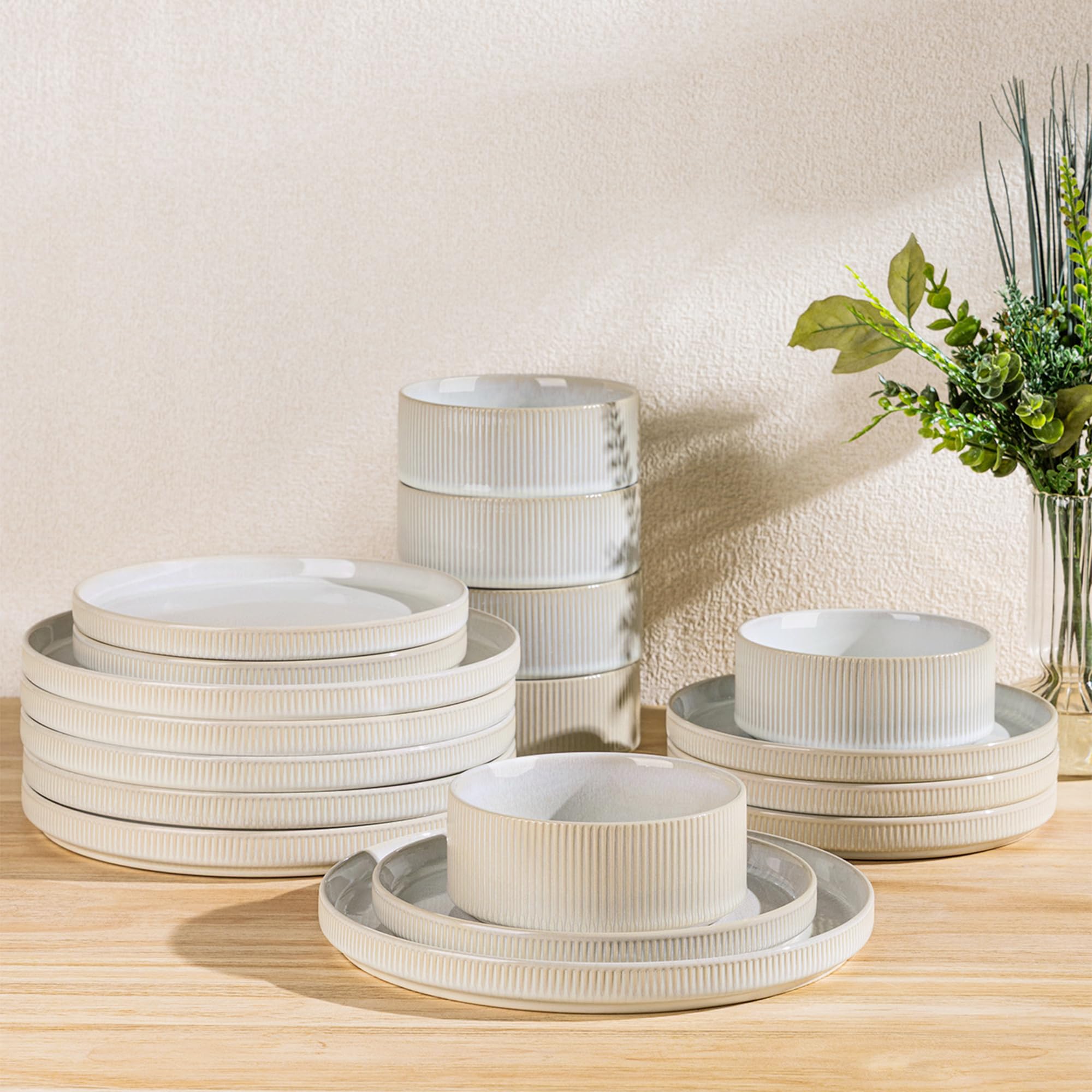 Photo 1 of TheTerra Ceramic Dinnerware Sets for 6, 18 Pieces Porcelain Lightweight Plates and Bowls Sets, Scratch Resistant Dish Set, Oven & Microwave & Dishwasher Safe, Reactive White