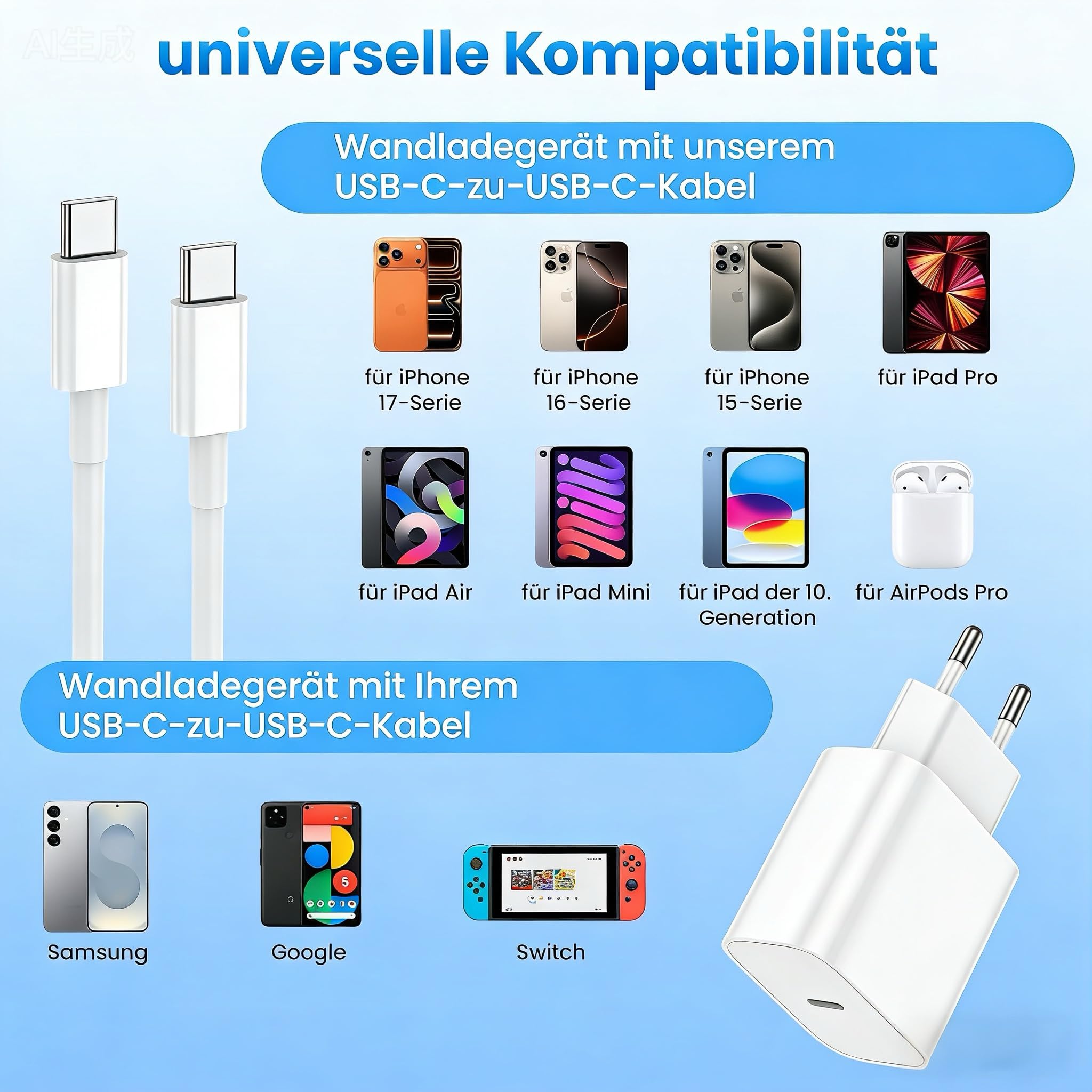 2er Pack 20W USB-C Ladegerät mit 2M+2M USB-C schnellladekabel, Schnellladegerät Für iPhone 17/16/15/Air/e/Pro/Pro Max/Plus,Für iPad Pro/Air/mini Stecker Adapter 7