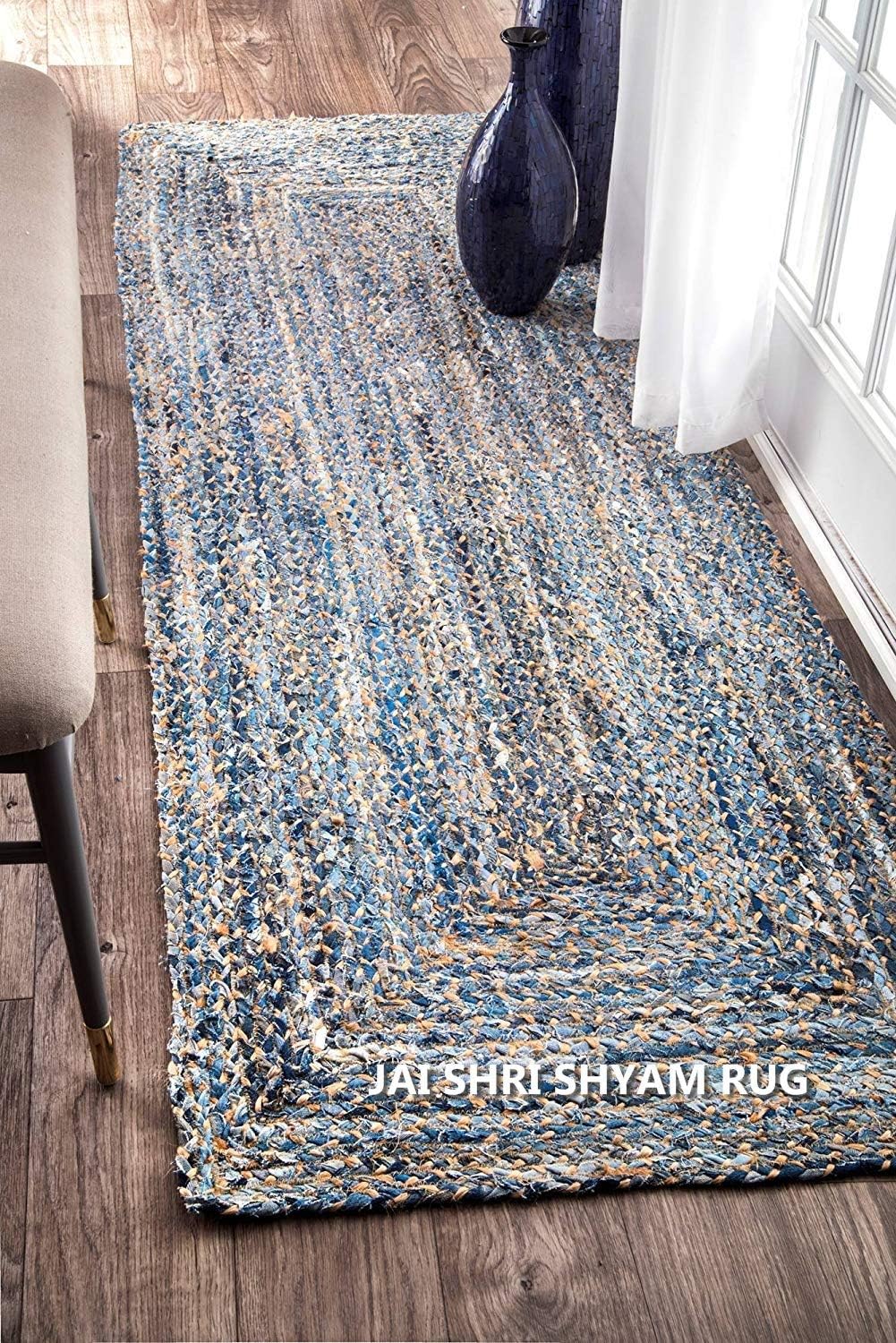 Jai Shri Shyam Designer Jute & Denim Bedside Kitchen Runner,Reversible Rug,56 cm x 139 cm (22 x 55 inches)