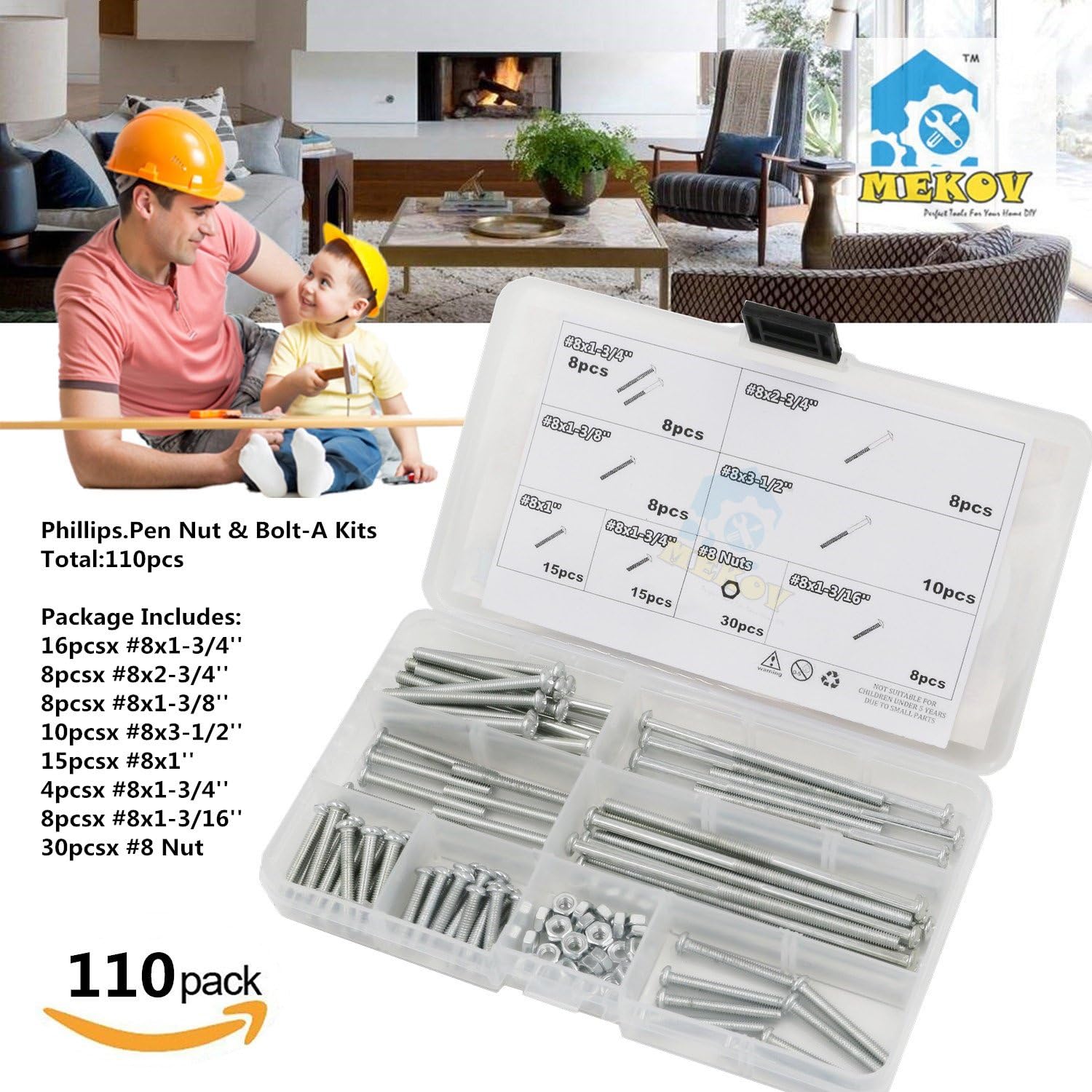 Mekov, 110pcs #8 Zinc Plated Phillips Pan Head Screws Nuts and Bolts Assortment Kit, Common Home Use Screw Set - Phillips Pan Type A