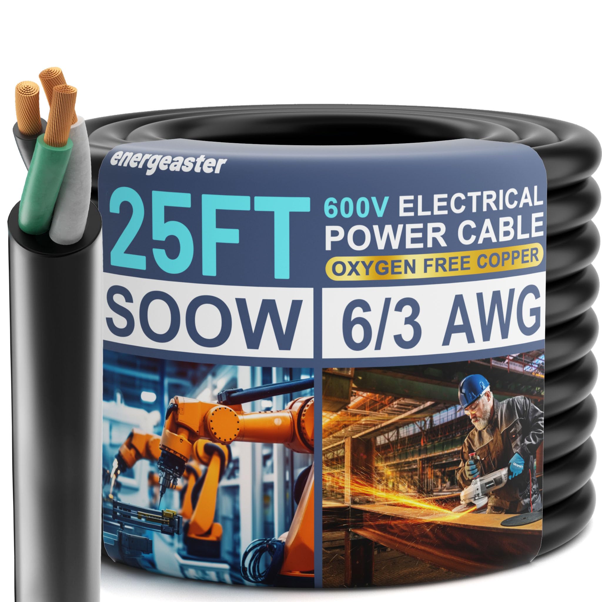 Photo 1 of energeaster Electric 6/3 SOOW Bulk Cable-6 Gauge 3 Conductor-Rated for 600V, 50A -Water & Oil Resistant Cable for Industrial & Residential Use-Ideal for Generators,Circuits,Data Centers(25 Foot)