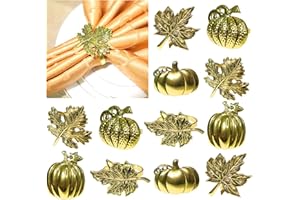 HADDIY Thanksgiving Napkin Rings,Fall Napkin Ring Set of 12 Vintage Gold Metal Leaf and Pumpkin Napkin Holder for Autumn Thanksgiving Dinner Table Settings Decoration