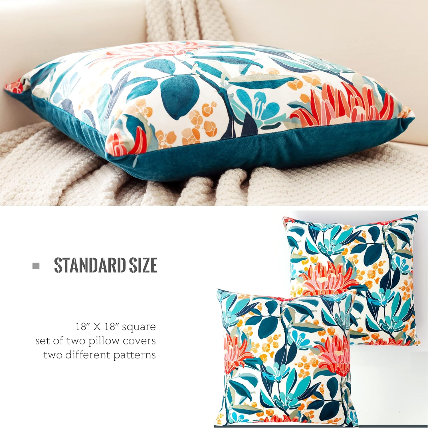 VROOMIUM Throw Pillow Covers-Teal Velvet Pillow Covers Blue 18x18 inch for Couch, Decorative Flowers Pattern Cushion Case for Sofa, Accent Pillow Cover: Home & Kitchen