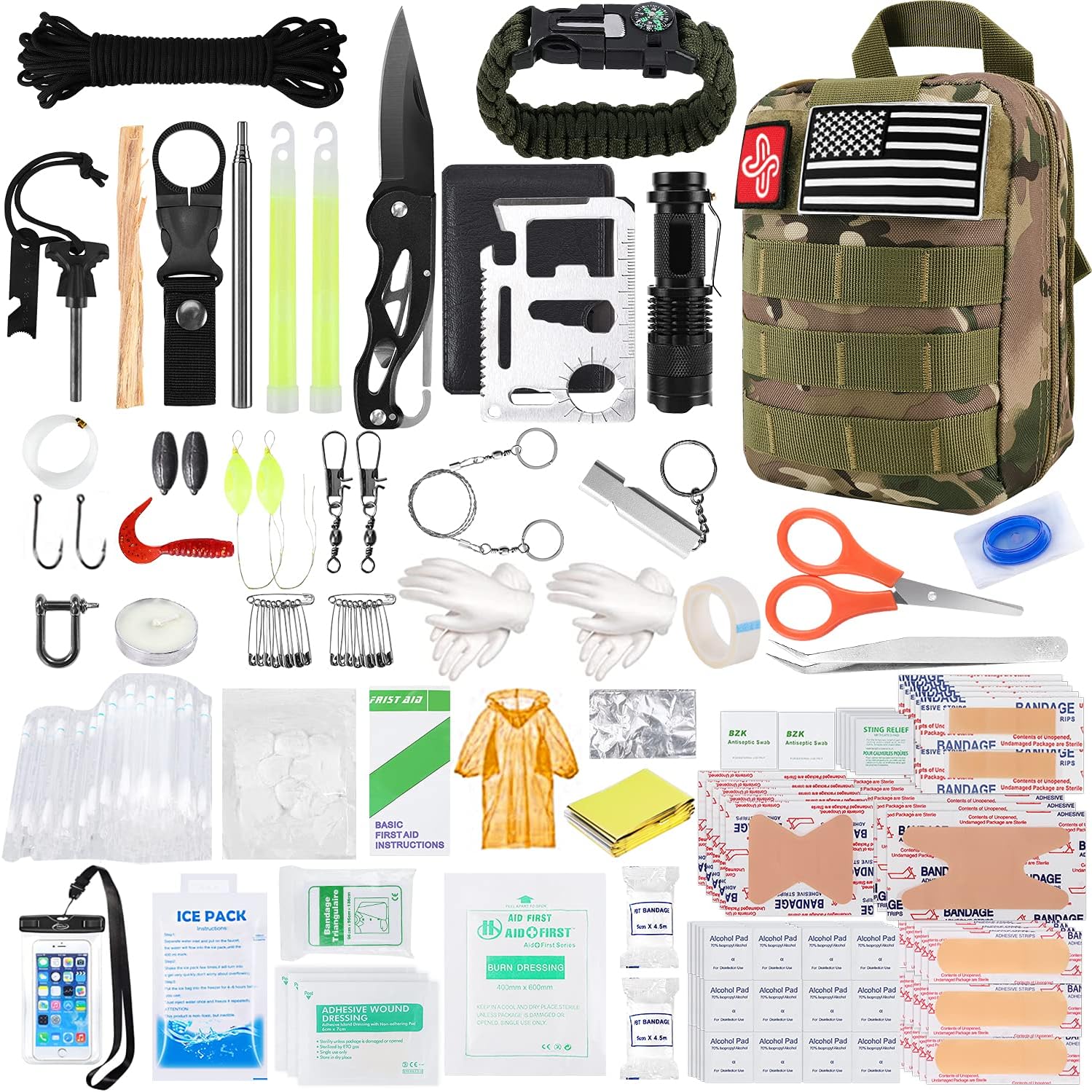 KOSIN Survival Gear and Equipment, 500 Pcs Survival First Aid kit, Fishing Gifts for Men Dad Boy Fathers Day, Trauma Bag Compatible Outdoor Tactical Gear Molle Pouch for Camping Hunting Hiking: Health & Personal Care