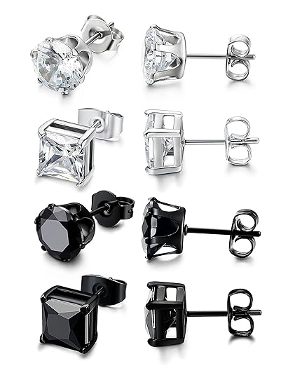 Sailimue 4 Paare Edelstahl CZ Männer Ohrstecker für Herren Damen Ohrringe Stecker Piercing Ohr Tunnel 3-8mm