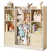 EXPERLAM Toy Storage Organizer with Stuffed Animal Storage, Wooden Toy Organizer & Stuffed Animal Zoo, 6 Cubes Shelf with Removable Drawers, 4 -in-1 Book Shelf for Kids Room, Playroom, Nursery