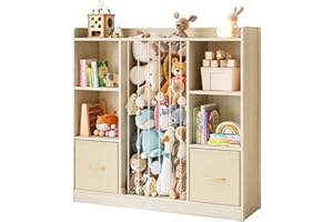 EXPERLAM Toy Storage Organizer with Stuffed Animal Storage, Wooden Toy Organizer & Stuffed Animal Zoo, 6 Cubes Shelf with Removable Drawers, 4 -in-1 Book Shelf for Kids Room, Playroom, Nursery