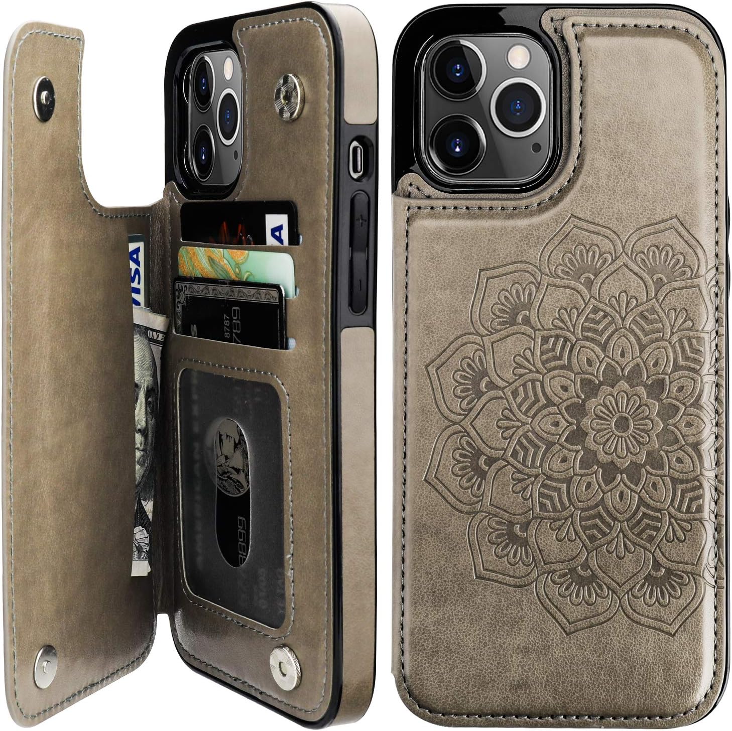 Amazon Com Vaburs Compatible With Iphone 12 Pro Max Case Wallet With Card Holder Embossed Mandala Pattern Flower Pu Leather Double Magnetic Buttons Flip Shockproof Cover For Iphone 12 Pro Max 6 7 Inch Gray
