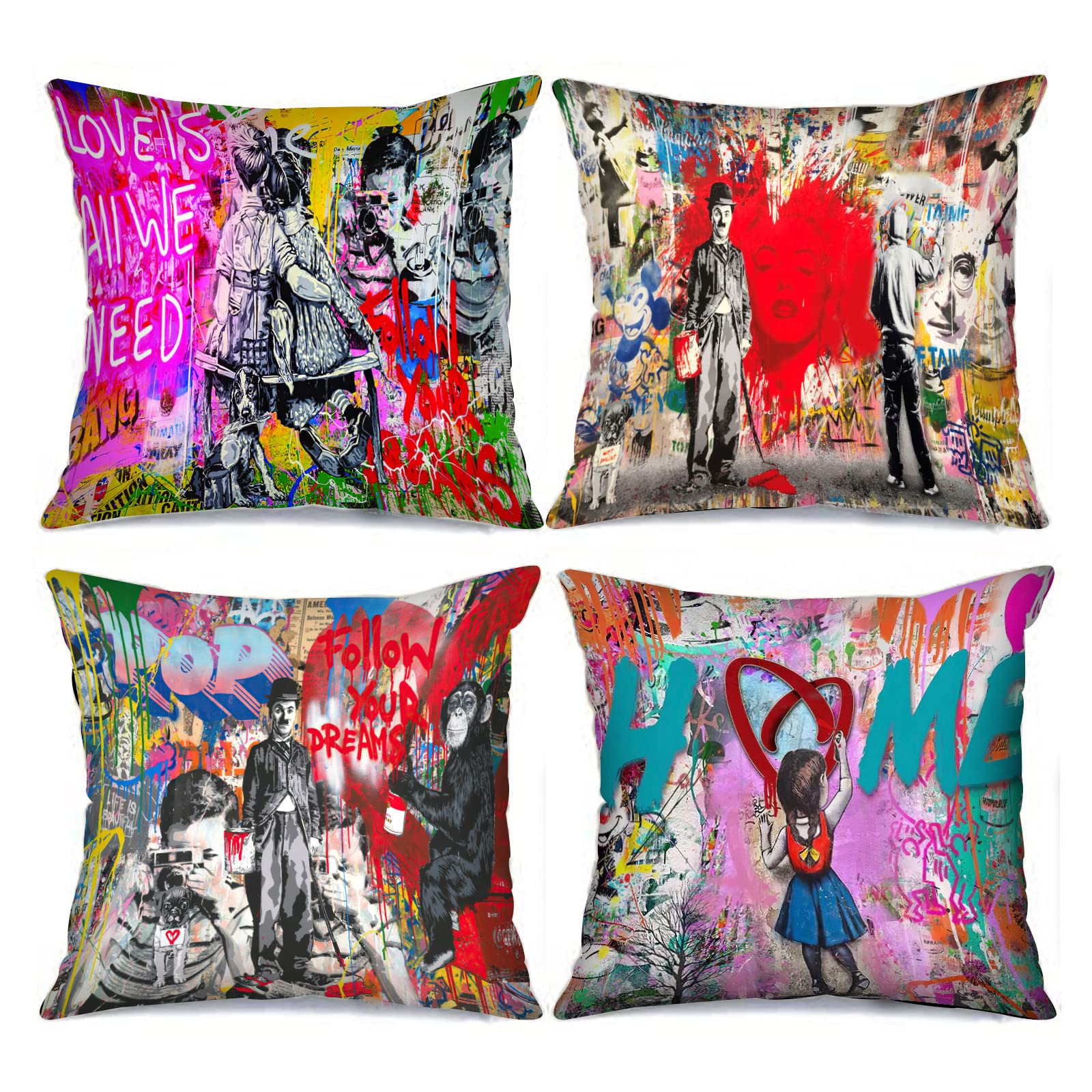 Tucocoo Graffiti Art Cushion Covers, Decorative Cushion Cover 4 Pieces, Banksy Street Throw Pillow Covers Follow Your Dreams, Colourful Cushion Cover, Decorations, Throw Pillows for Couch, Sofa, Home — image 1