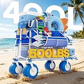 VELUVIA 400L Double Decker Beach Wagon with Big Balloon Wheels for Sand | 500LBS Heavy Duty Foldable Beach Wagon with Side Pocket, Beach Cart for Beach,Fishing,Camping,Outdoor-Blue