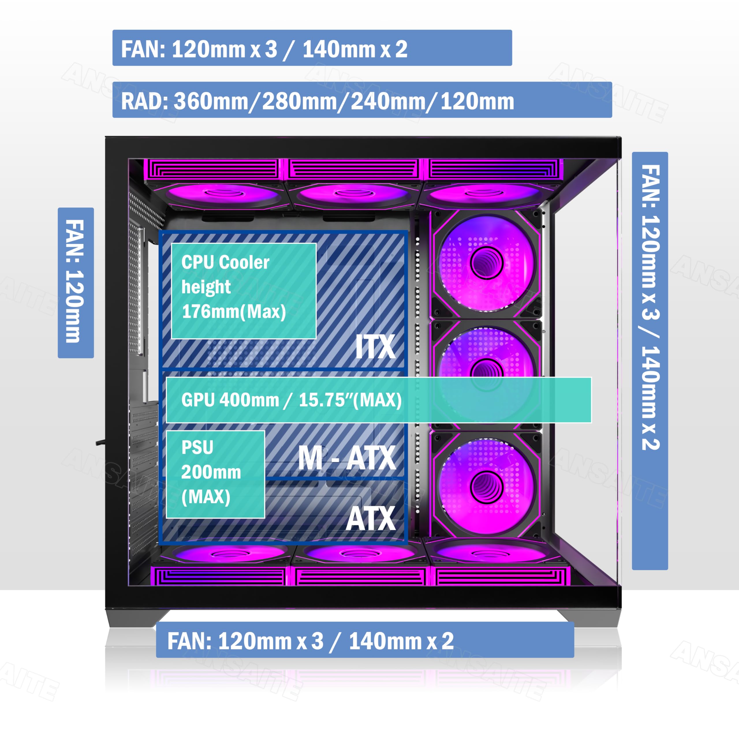 ANSAITE ATX PC-Gehäuse 9×120 mm ARGB PWM-Lüfter vorinstalliert ，Mid-Tower Gaming PC-Gehäuse, Panorama-Gehärtetes Glas Schwarz Computer-Gehäuse mit Typ-C, 360mm Radiator Unterstützung，H-D9 (Schwarz) 8
