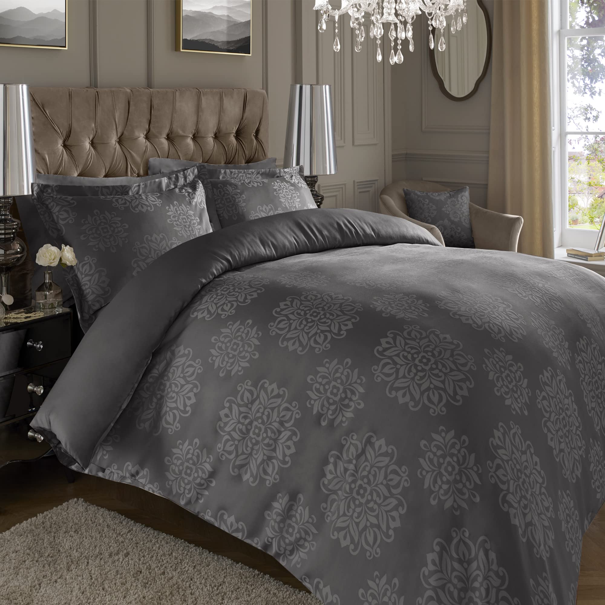 ED Luxury 600 Thread Count Jacquard Duvet Cover 3 Piece Set | Super Soft Cotton Rich & Warm Bedding | Damask Pattern Quilt Cover (King, Dark Grey Ornamental)