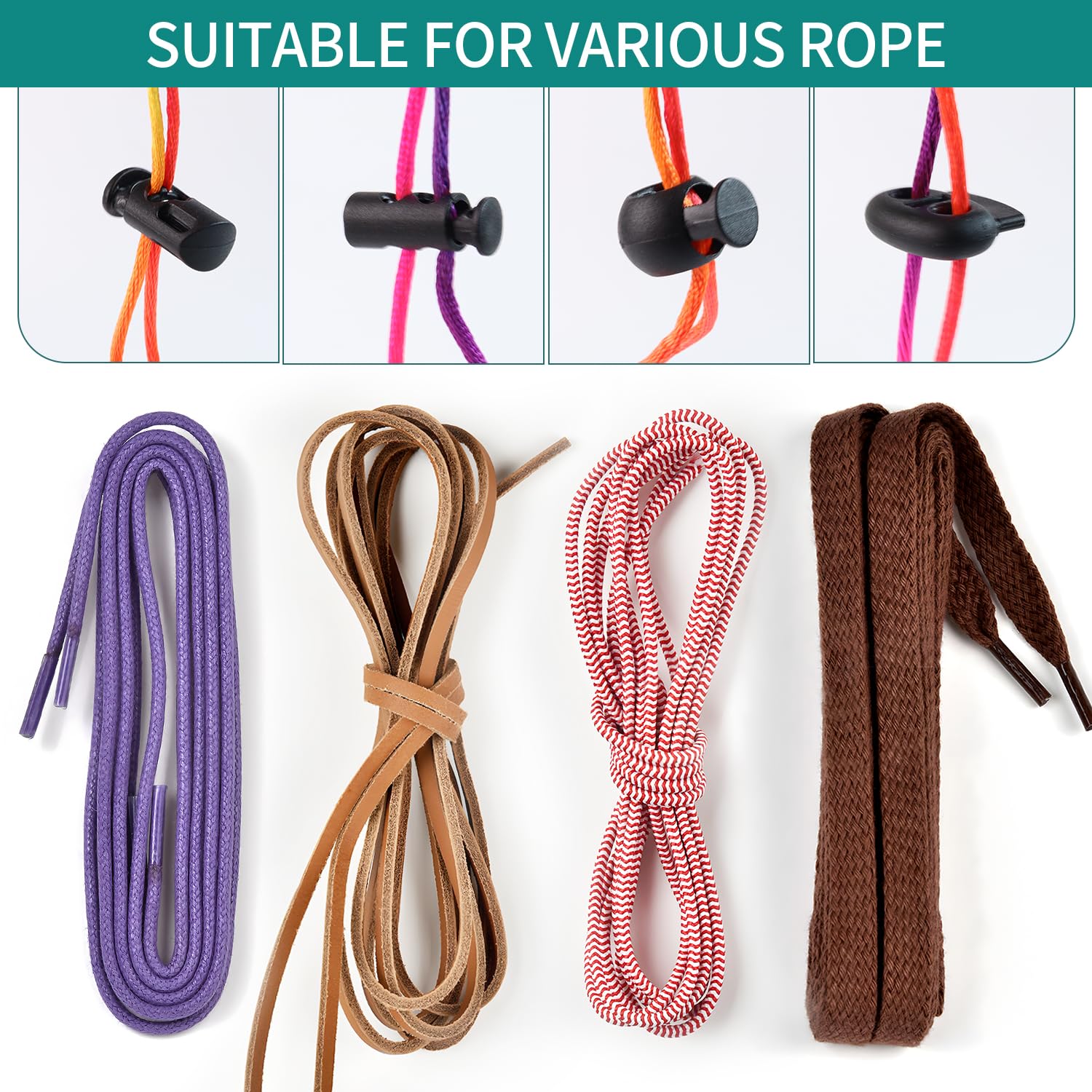 Quadafy 60 Pack 4 Sizes Plastic Cord Lock, Spring Toggle Stopper With, Draw String Clip, For Drawstrings, Shoelaces, Paracord, Hoodie Cord Clips, Sweatpants And More