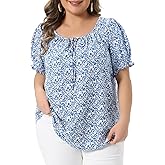 Agnes Orinda Plus Size Tops for Women Scoop Neck Notch V Tie Front Short Sleeve Floral Summer Blouses