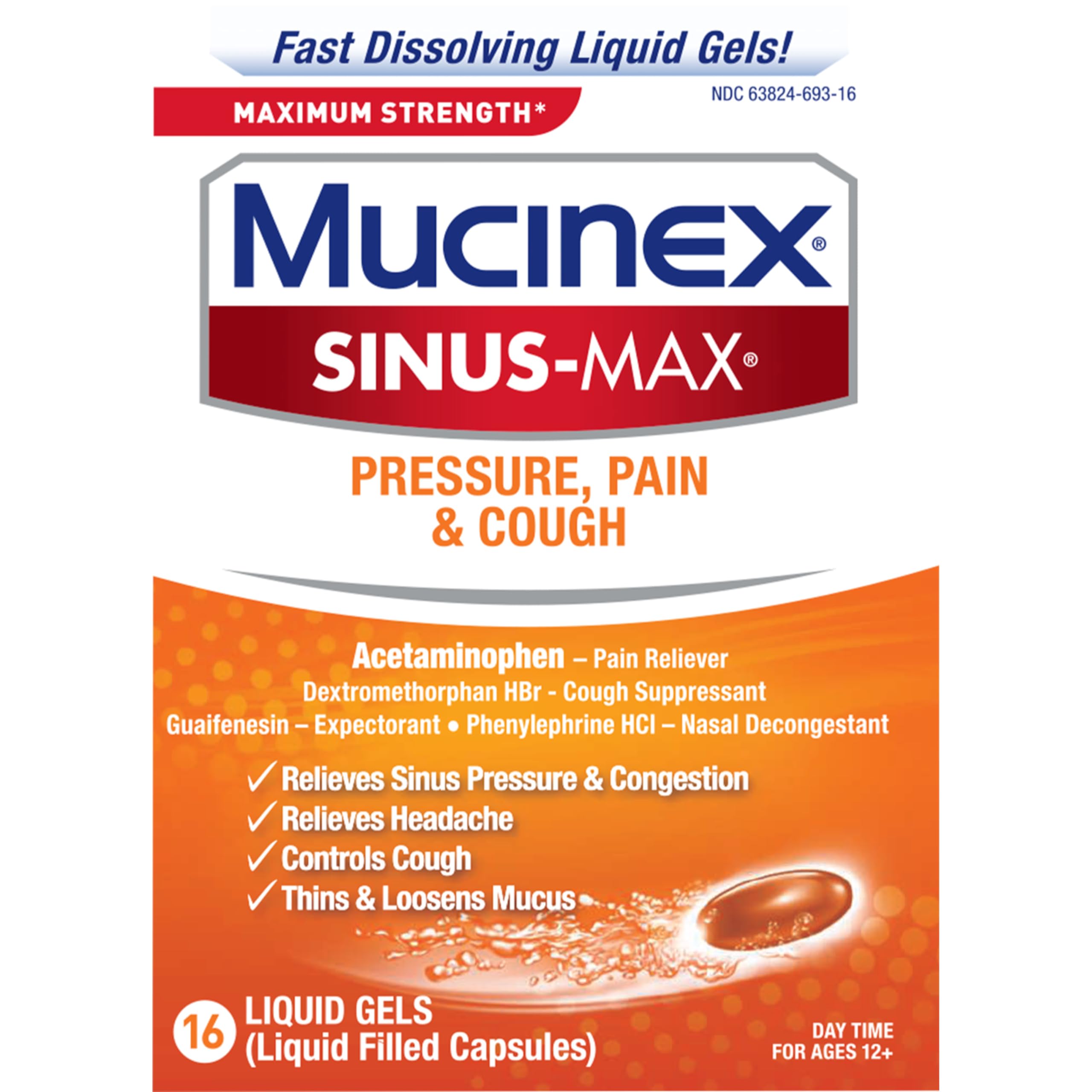 Mucinex Sinus-Max Liquid Gels for Severe Congestion Relief, 16 Count