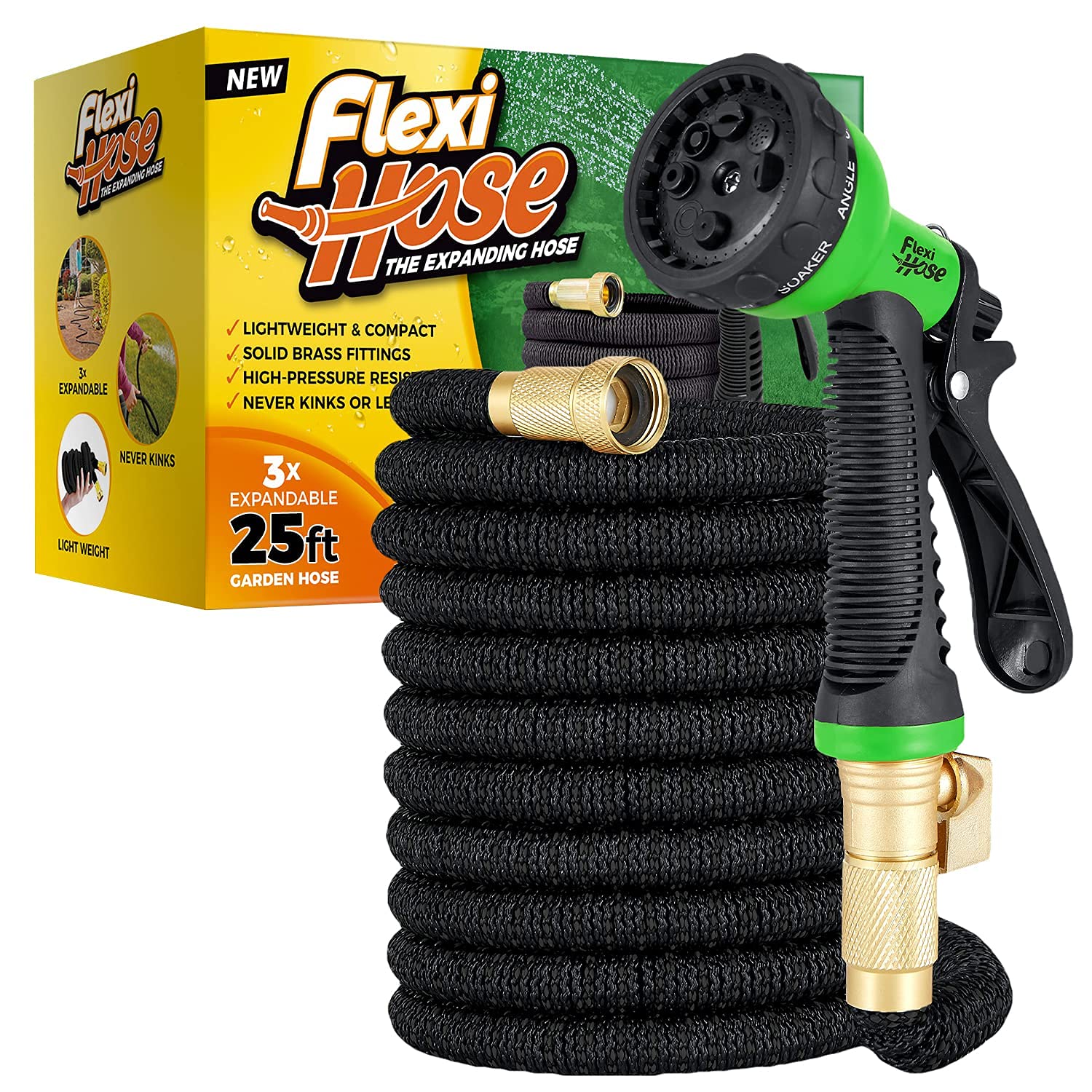 Flexi Hose with 8 Function Nozzle, Lightweight Expandable Garden Hose, No-Kink Flexibility, 3/4 Inch Solid Brass Fittings and Double Latex Core