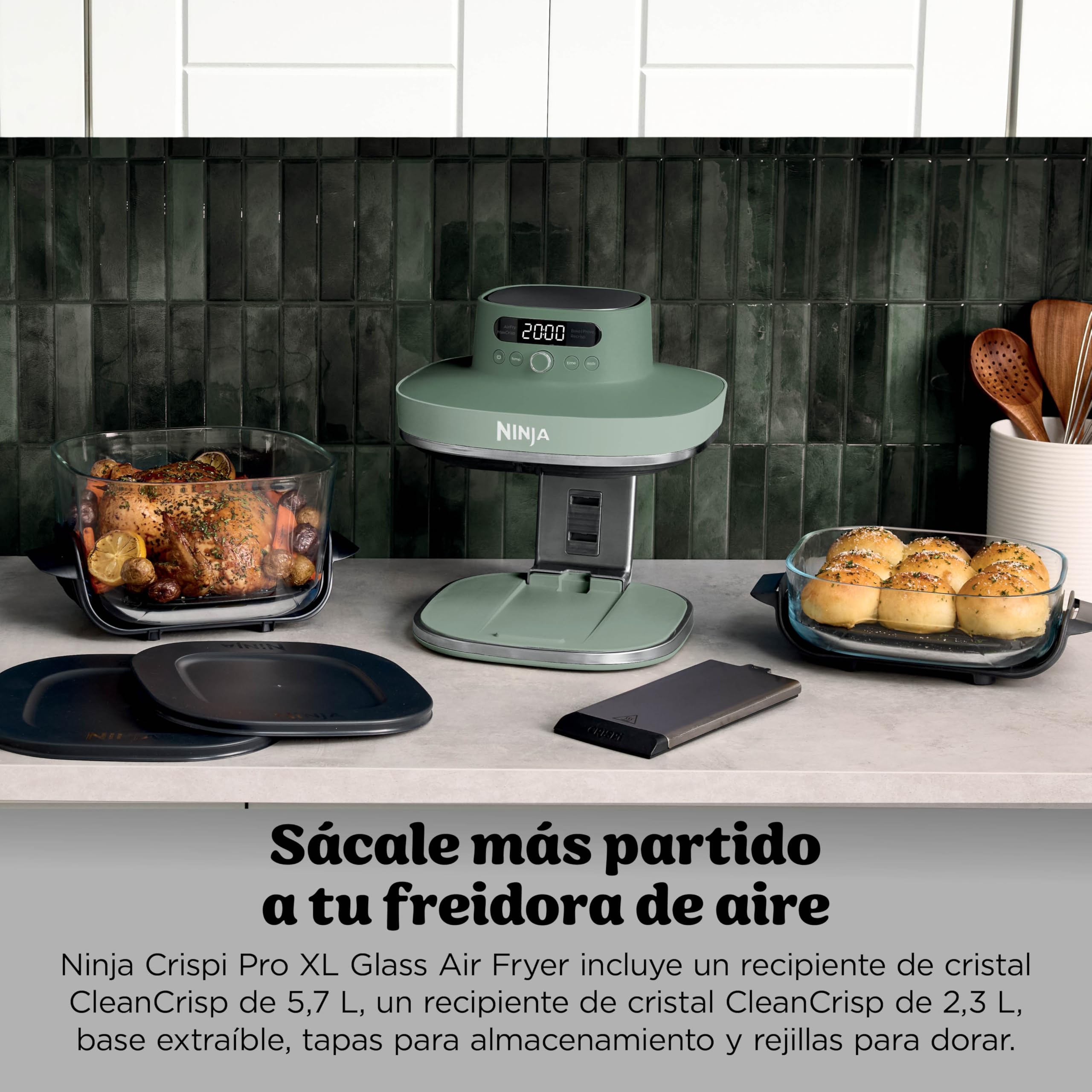 Ninja CRISPi PRO XL Glas-Heißluftfritteuse (Air-Fryer), 5 voreingestellte Zubereitungsfunktionen, CleanCrisp-Glasbehälter (5,7 l und 2,3 l) und Aufbewahrungsdeckel, Moosgrün AS090EUGN 4