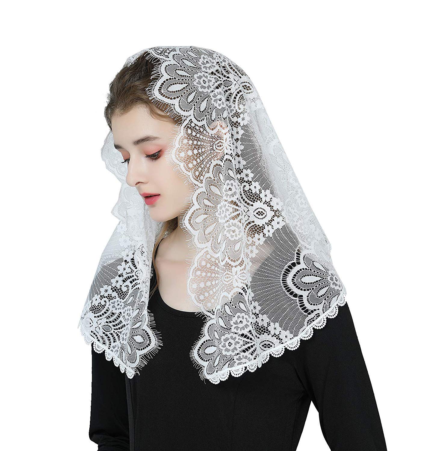 BEAUTELICATE Church Chapel Veil Floral Lace Mantilla Scarf White Black For Catholic Latin Holy Mass Religious Ceremony V117