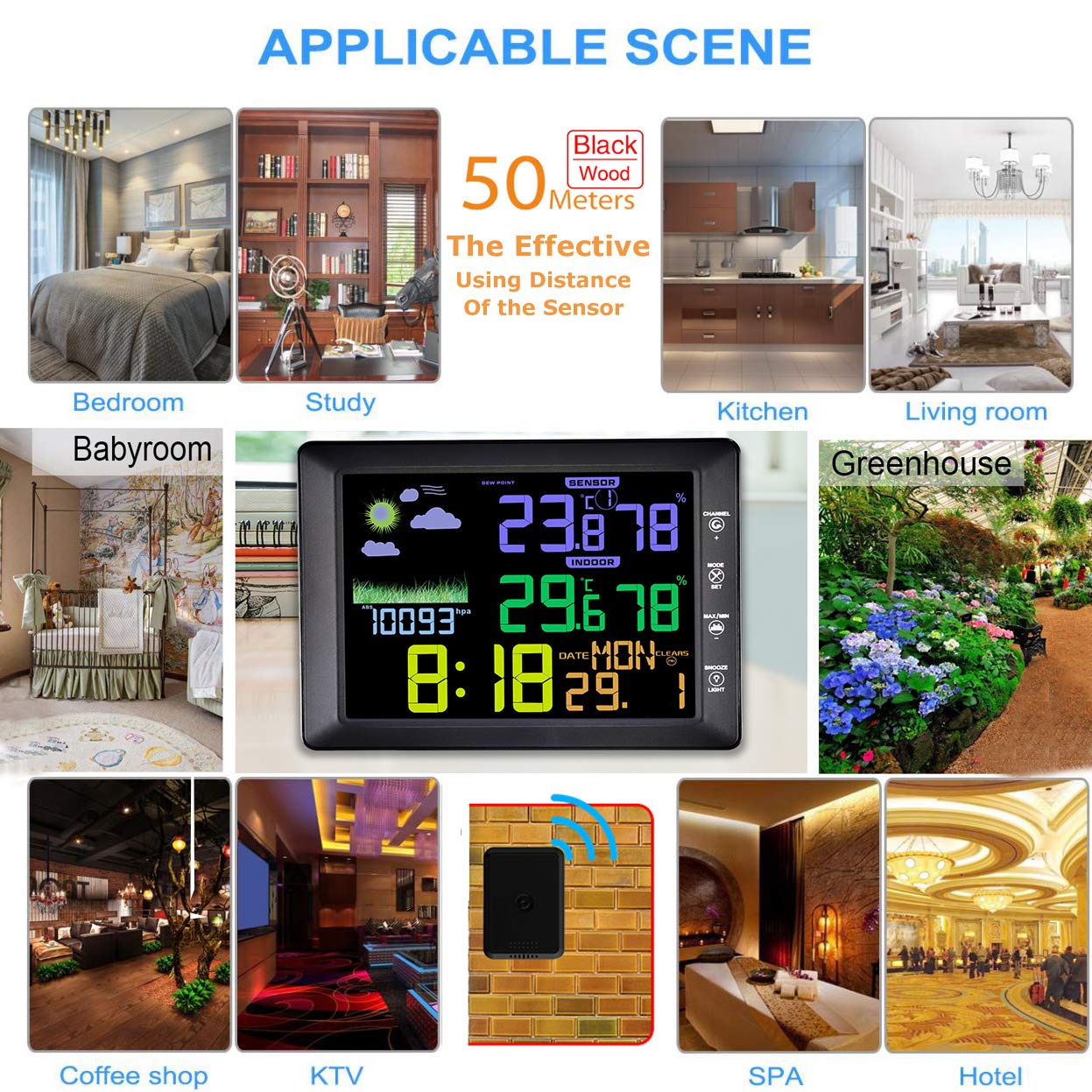 YZmoffer Wireless Color Weather Forecast Station Monitoring Indoor Outdoor Temperature and Humidity Touch Control, Digital Weather Clock Voice-Activated, Wireless Outdoor Sensor (Black)