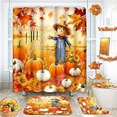 ArtSocket Fall Bathroom Sets with Shower Curtain and Rugs, Thanksgiving | Set of 4 Pumpkin Farmhouse Scarecrow Decor Set with Toilet Lid Cover, Non-Slip Bath Mats and Accessories 12 Hooks