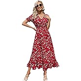 MISSKY Casual V Neck Boho Floral Print Wedding Guest Maxi Dresses for Women Bohemian Flowy Maxi Dress