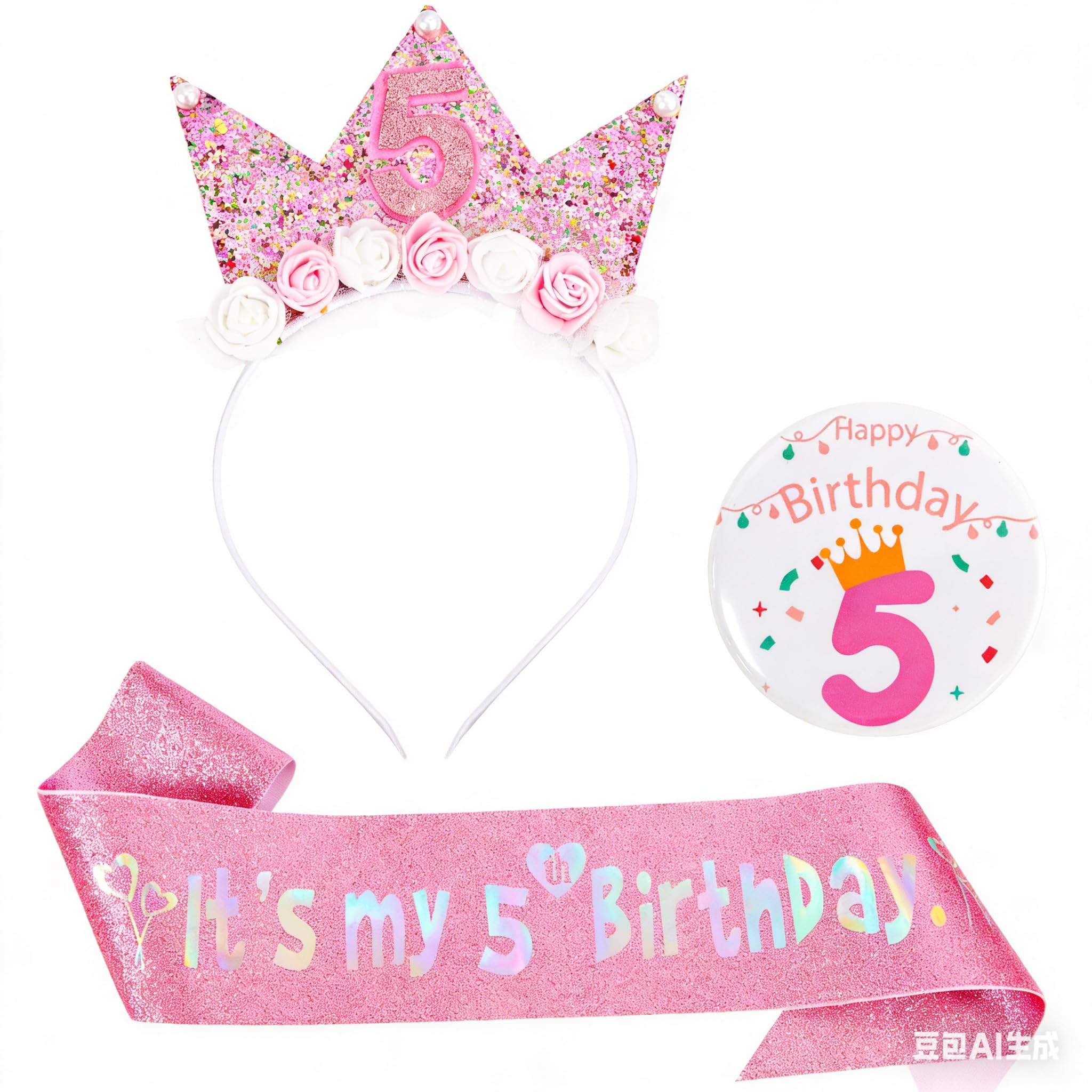 3 Pcs Birthday Decorations Girls, 5th Birthday Crown and Sash Set, Birthdays Girl Headband Badge, Glitter Princess Birthdays girl Headband and Banner, Party Decorations Outfit Accessories Dress Up