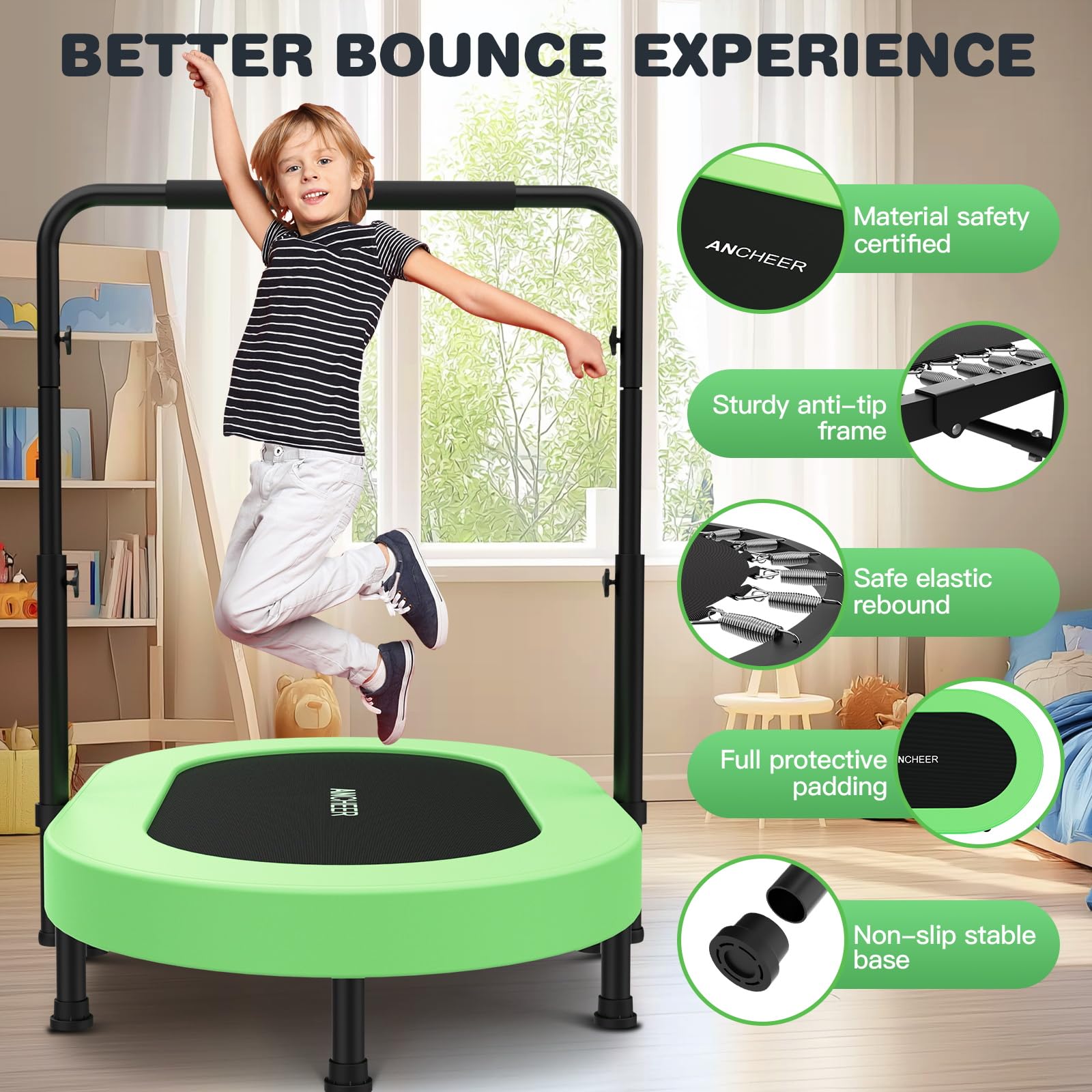 ANCHEER Trampoline, Double Mini Trampoline with Adjustable Handle - Indoor/Outdoor Rebounder for Kids & Toddlers, 56'' Safe Oval Fitness Trampoline with Bar for Home Fun