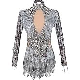 YUANTONG See Through Mesh Rhinestone Bodysuits for Women Sexy Fringe Leotard Drag Queen Outfit Birthday Dance Carnival Costumes