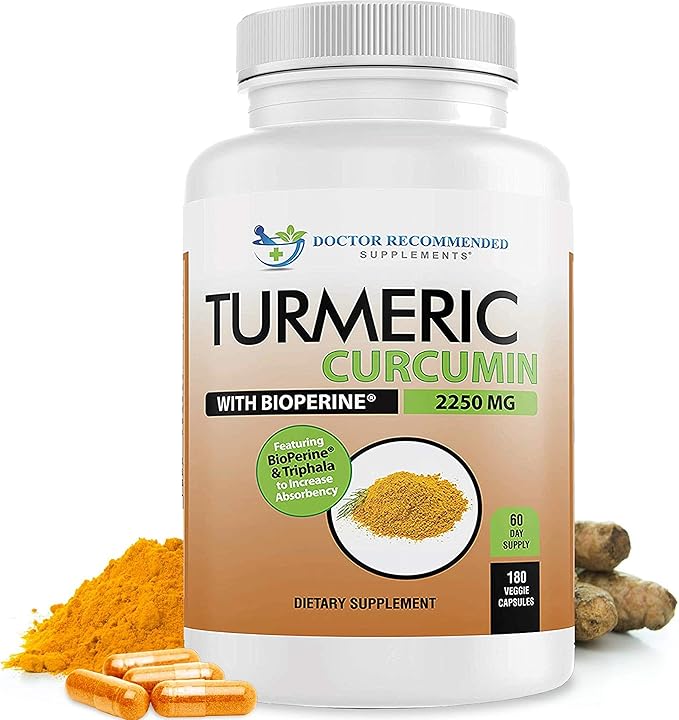 Turmeric Curcumin - 2250mg/d - Veggie Capsules - 95% Curcuminoids with Black Pepper Extract (Bioperine) - 100% Organic - Most Powerful Turmeric Supplement with Triphala (180 Count)