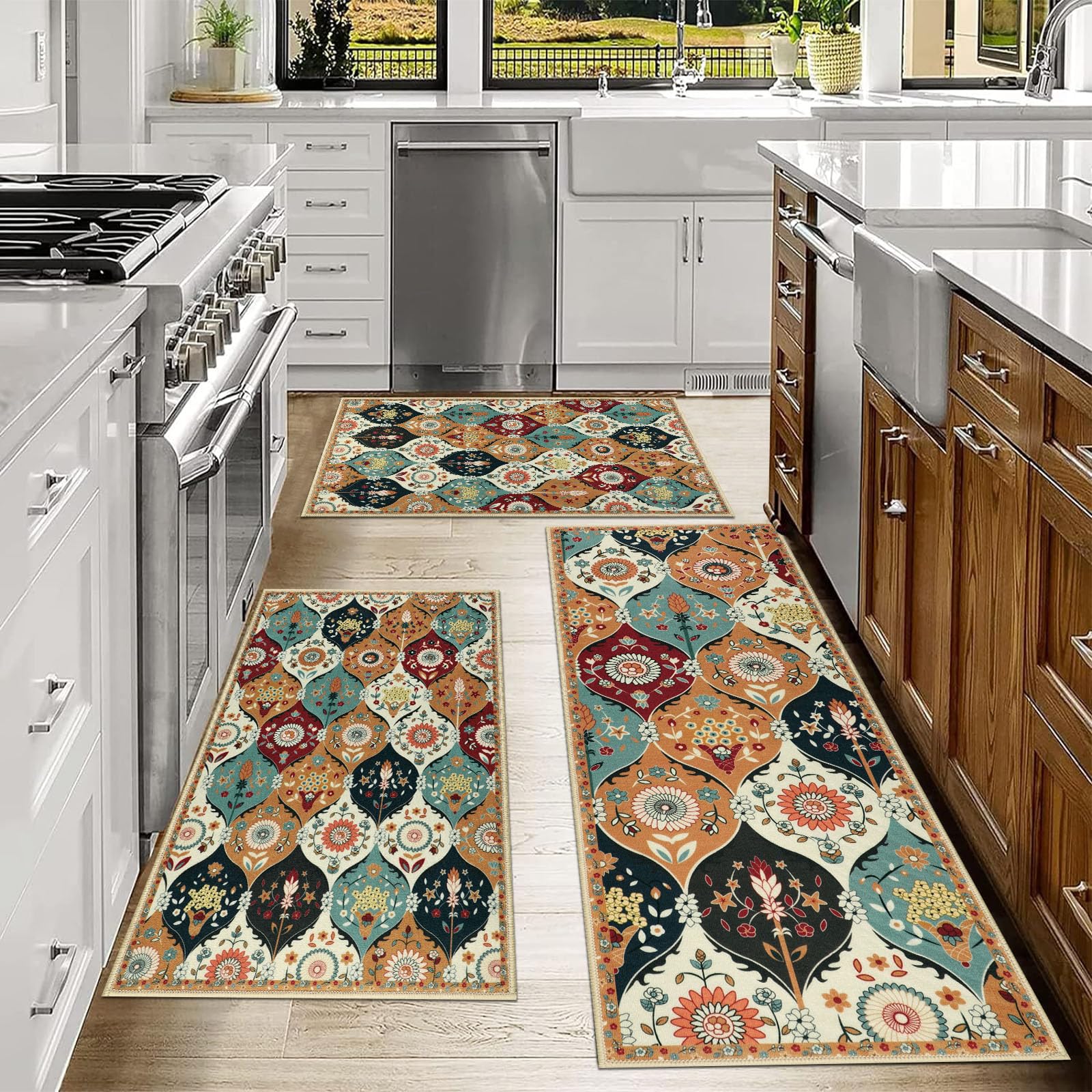Falflor Moroccan Trellis Kitchen Rug Sets of 3 Non Slip Kitchen Mats ...
