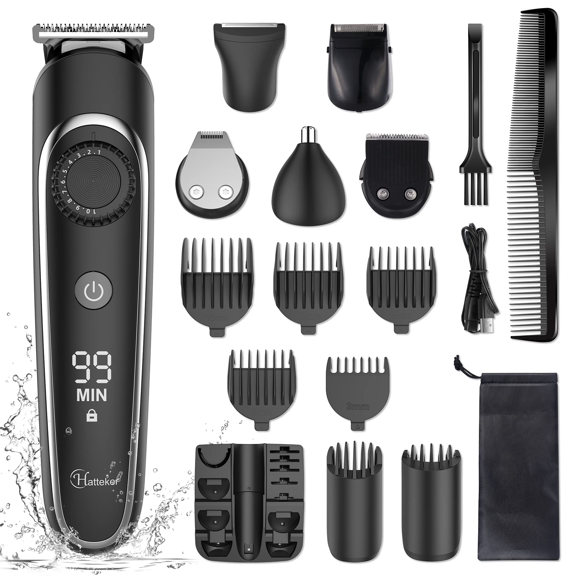 Hatteker Beard Trimmer Hair Clipper Hair Trimmer Grooming Kits Electric Shaver Razor for Men Mustache Nose Ear Body Precision Groomer Multigroom IPX7 Waterproof Cordless Rechargeable 6 in 1