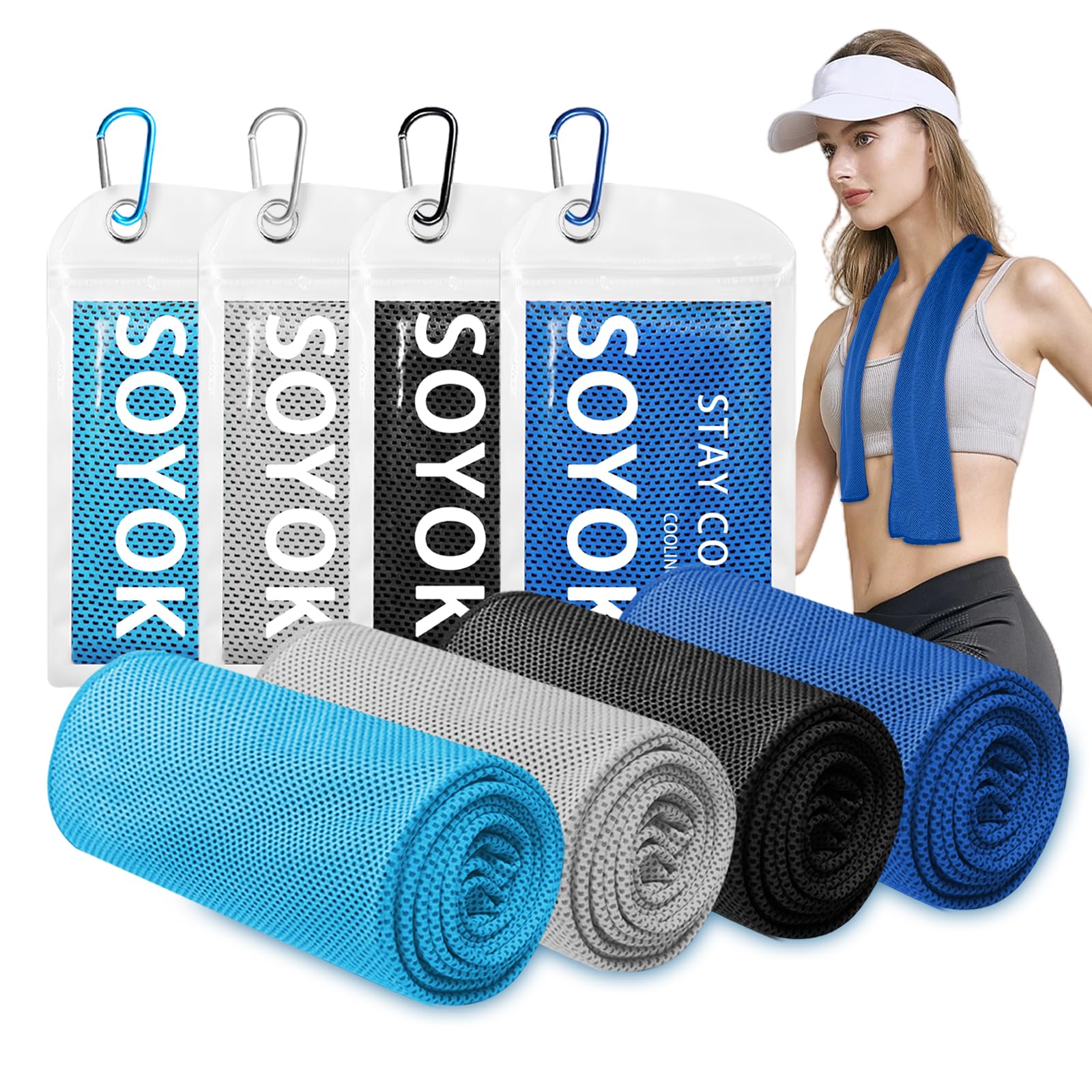 Photo 1 of 4 Packs Cooling Towel, 40" x 12" Microfiber Cooling Towels for Neck and Face, Soft Breathable Gym Towel for Working Out with Waterproof Bag & Carabiner, Sweat Towels for Travel, Yoga, Climb, Running