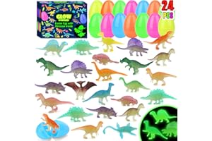 GWAHSA 24pcs Prefilled Easter Eggs with Glow in The Dark Dinosaur Figures Toys Inside Easter Basket Stuffers Gifts Birthday Party Favors Supplies for Kids Classroom Prizes Pinata Goodie Bag Fillers