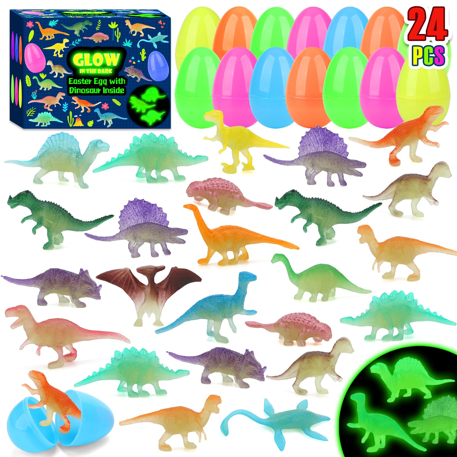 GWAHSA 24pcs Prefilled Easter Eggs with Glow in The Dark Dinosaur Figures Toys Inside Easter Basket Stuffers Gifts Birthday Party Favors Supplies for Kids Classroom Prizes Pinata Goodie Bag Fillers