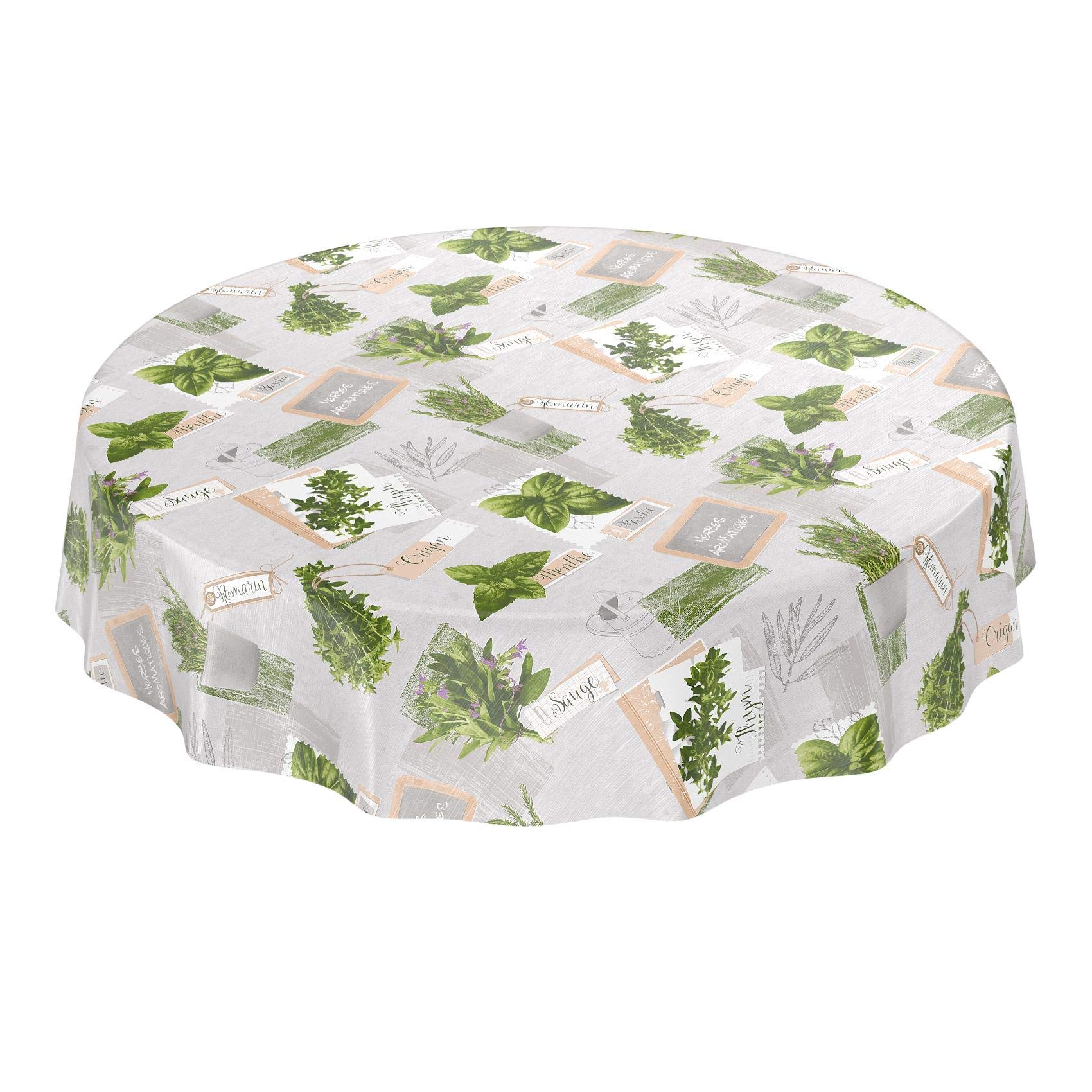 Tablecloth, washable, oilcloth, Wax Cloth, Kräuter Grün Beige Bio Basilikum, Rund 120cm