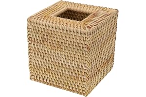 BlesConi Square Rattan Tissue Box Cover, Hand-Woven Wicker Holder for 5-Inch Square Boxes, Wood Color