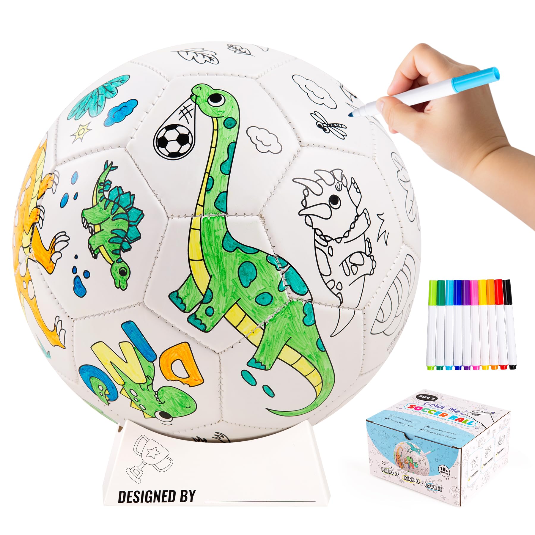 U&C Planet Customizable Size 3 Football Colouring Football for Kids Ages 3-8, Includes 10 Washable Markers, Ball Stand & Pump, Durable PVC, Indoor & Outdoor Play, Creative Gift Idea