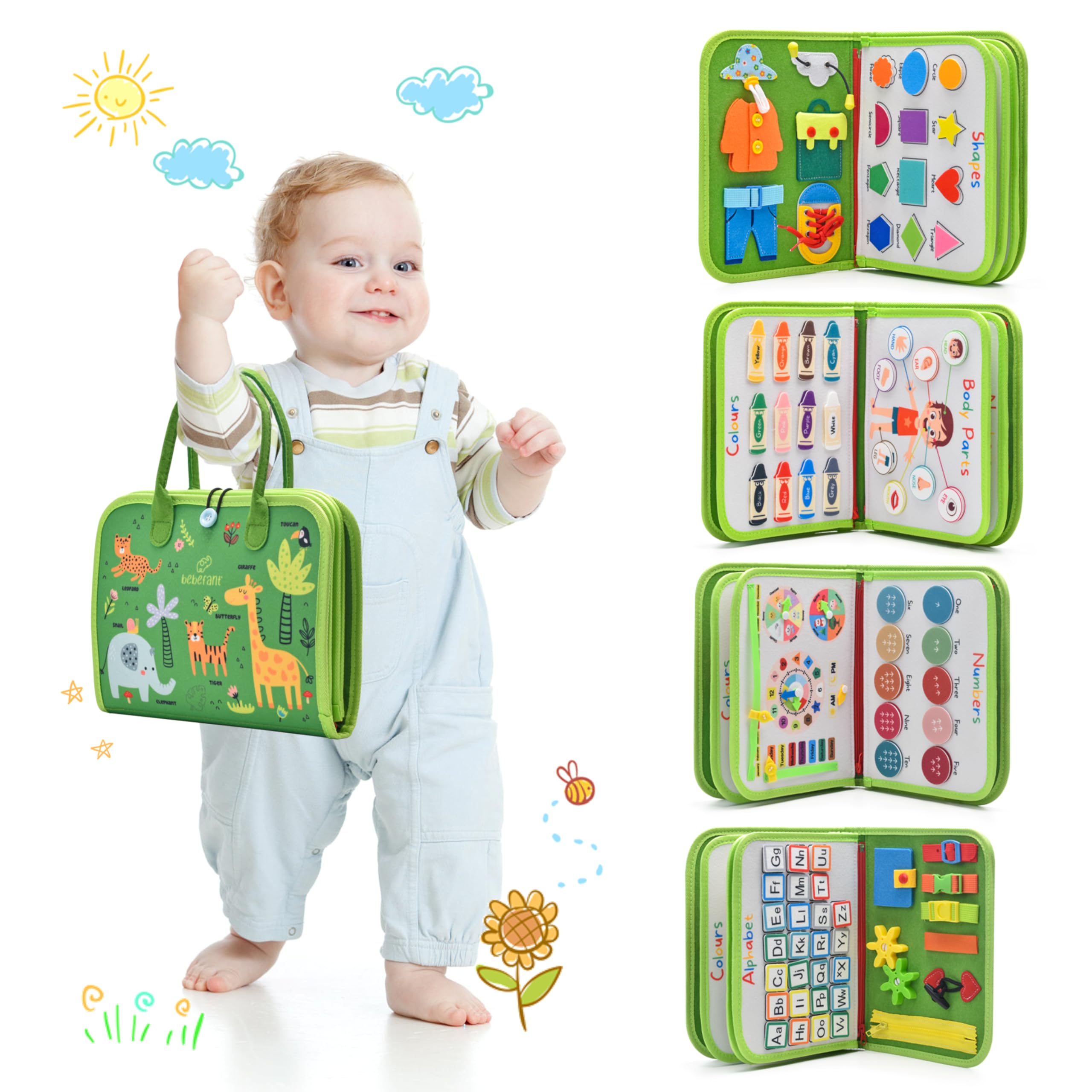 Busy Board for Toddlers & Kids - Sensory Early Development Toy Montessori Toys for Boys Girls 2 3 4 5 6 year olds - Alphabet Numbers Shapes Colours My Body Calendar Time & Date - Light Green Animals