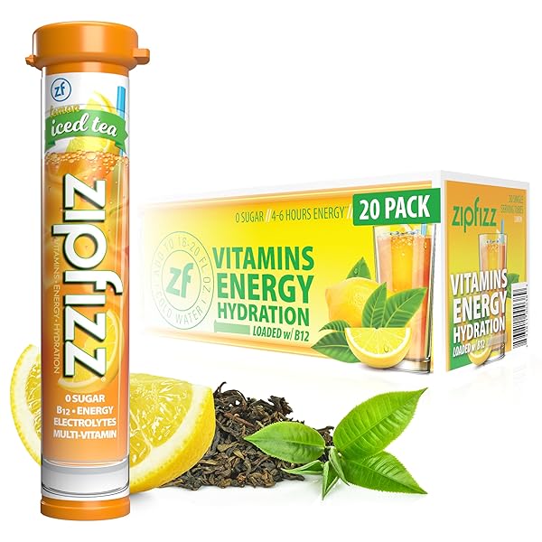 ZIPFIZZ DAILY ENERGY DRINK POWDER, LEMON ICED TEA, 20 PACK | 3-IN-1 SUSTAINED ENERGY, RAPID HYDRATION, AND ESSENTIAL VITAMINS | SUGAR-FREE | ELECTROLYTE POWDER | CONTAINS VITAMIN B-12 & ANTIOXIDANTS