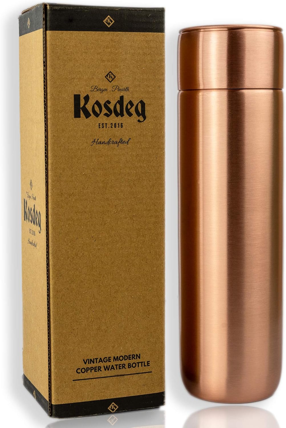 Kosdeg Copper Water Bottle 0.5L / 17oz, Vintage Modern Design, An Ayurvedic Copper Vessel, Drink More Water