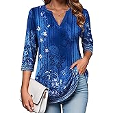 Zeagoo Womens 3/4 Length Sleeve Tops V Neck Tunic Casual Dressy Blouse Floral Printed Shirts