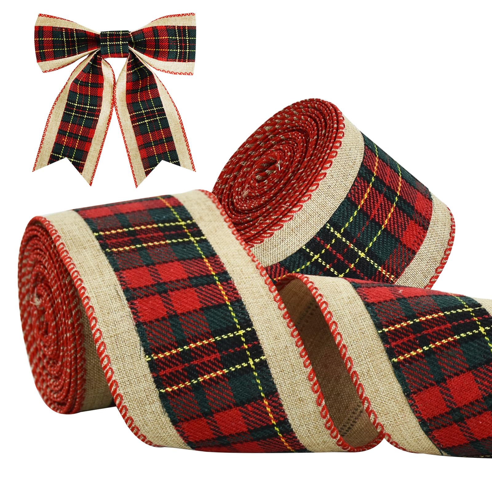 TONIFUL 2 Rolls-2.5 Inch Red and Green Plaid Check Burlap Ribbon, Burlap Wired Ribbon for Crafts Ornament Wrapping, Bows Making, Room and Party Decoration (6yds/roll)