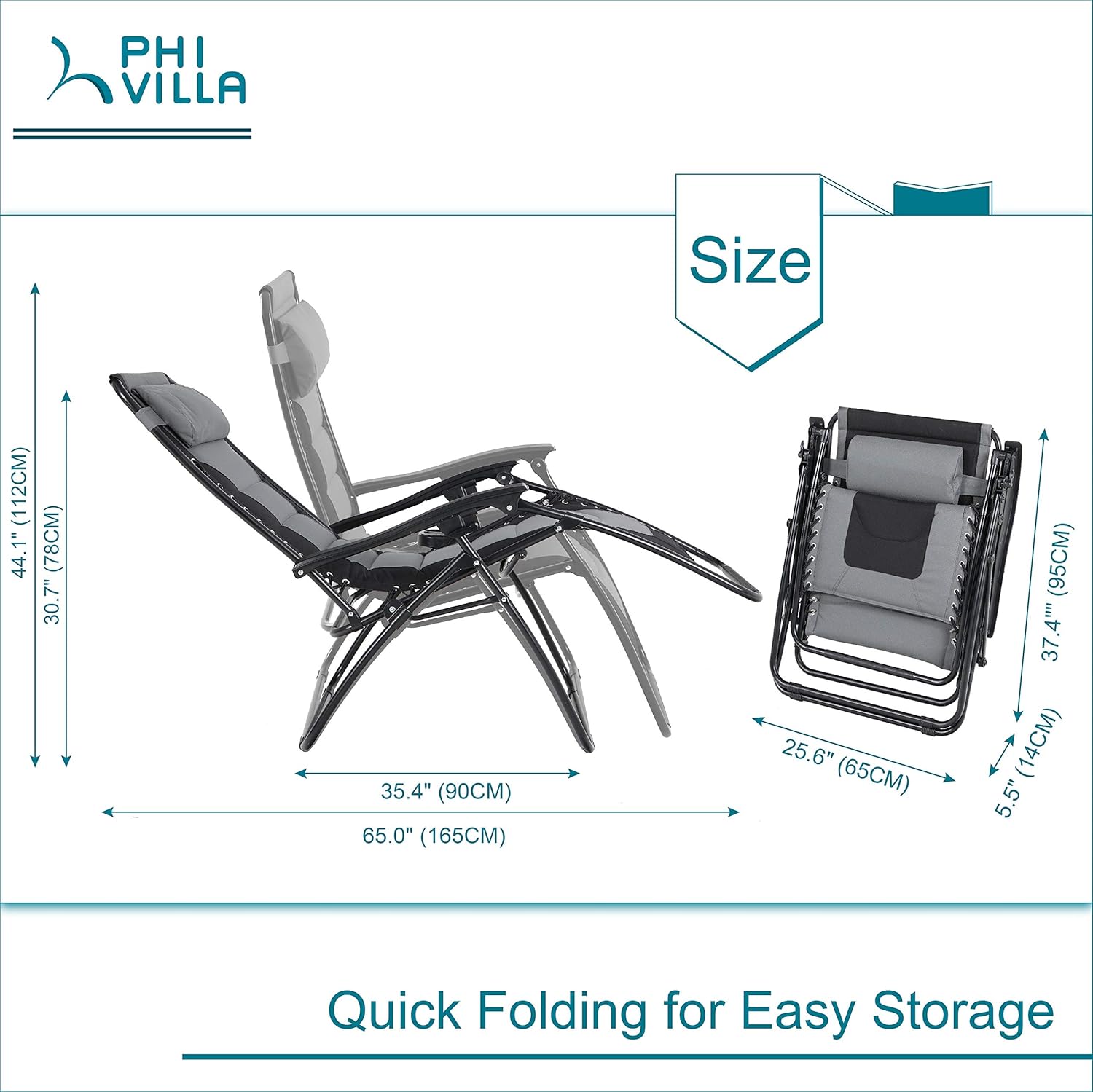 PHI VILLA Zero Gravity Chair Padded Recliner Adjustable Lounge Chair with Free Cup Holder (Grey) : Garden & Outdoor