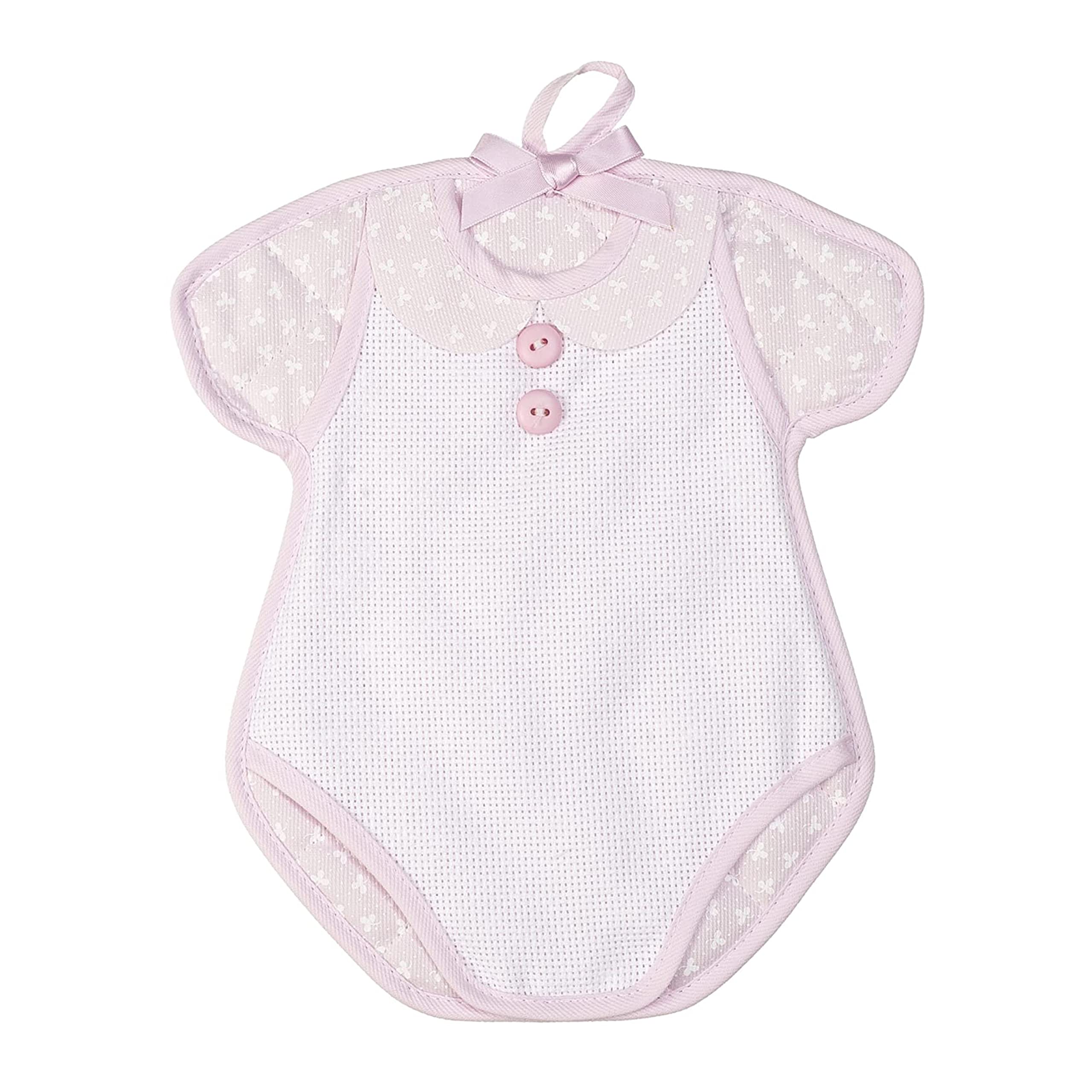 Filet - Baby Girl Bodysuit-Shaped Cotton Birth Announcment Bow with Aida Insert to Embroider, Ideal for Cross-Stitching, 100% Made in Italy, 22 x 25 cm, Pink Colour