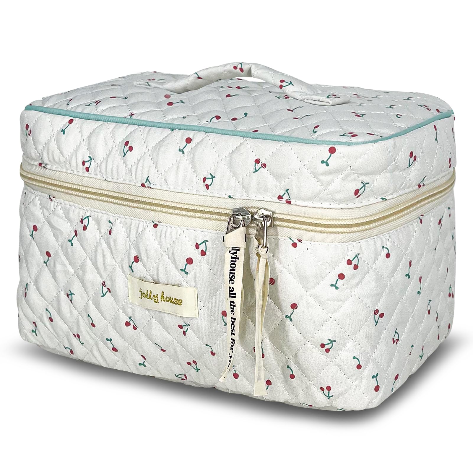 TOPALL Floral Cotton Quilted Makeup Bag - Classic Toiletry Pouch for Women Girls - Cherry 1PCS (Large) — image 1