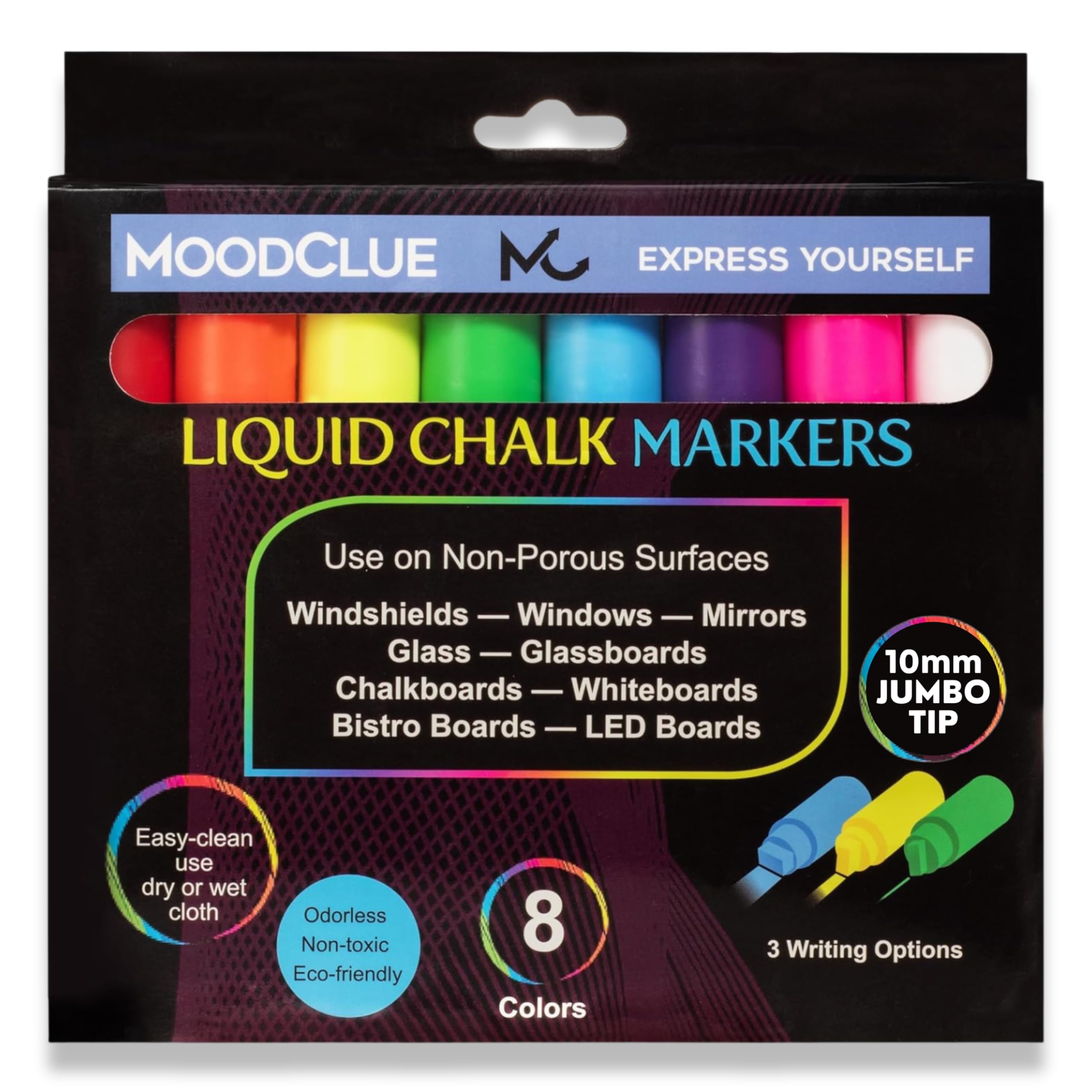 Photo 1 of 10mm JUMBO Tip Liquid Chalk Drawing Markers for Car Windows, Auto Windshields, Mirrors, White Boards, Retail + Restaurant Signs. Erasable Chalk Markers – Washable – Neon 8pck - 3 writing options