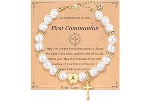 ENASAL Personalized First Communion Gifts for Daughter Niece, Initial Cross Pearl Bracelet for Catholic, Goddaughter Communion Gifts from Godparent
